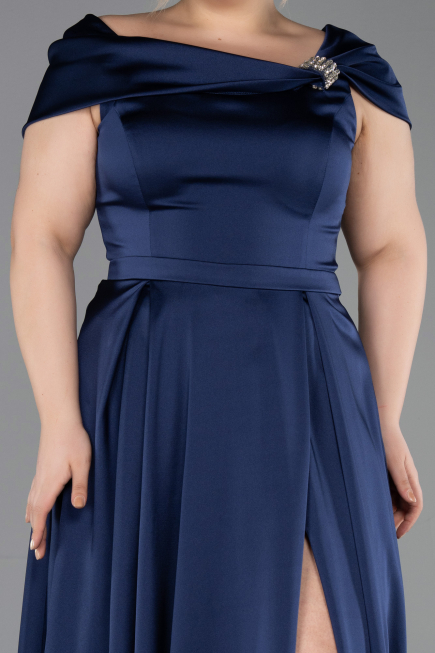 Robe De Soirée Grande Taille Longue Satin Bleu Marine ABU5835
