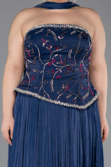 Robe De Soirée Grande Taille Longue Mousseline Bleu Marine ABU5793