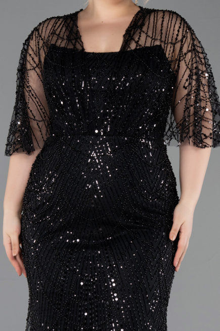 Robe De Soirée Grande Taille Longue Perlé Noir ABU5800