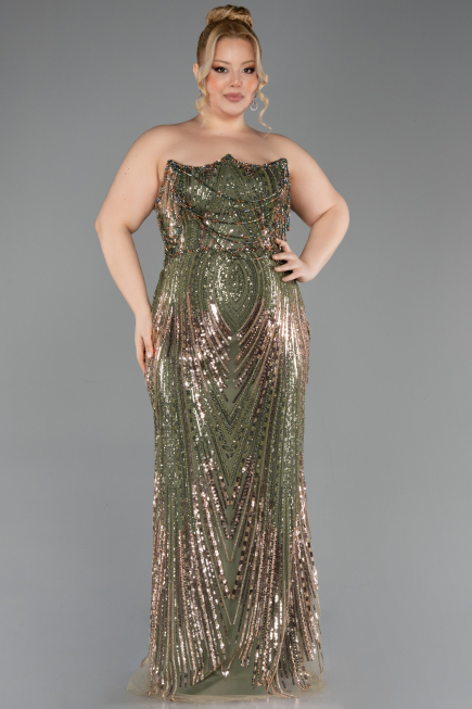 Robe De Soirée Grande Taille Longue Squameuse Kaki ABU5830