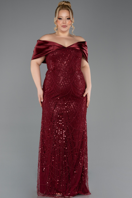 Robe Grande Taille Longue Perlé Rouge Bordeaux ABU5742