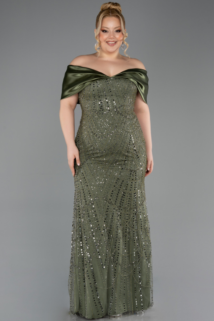 Robe Grande Taille Perlé Longue Kaki ABU5742