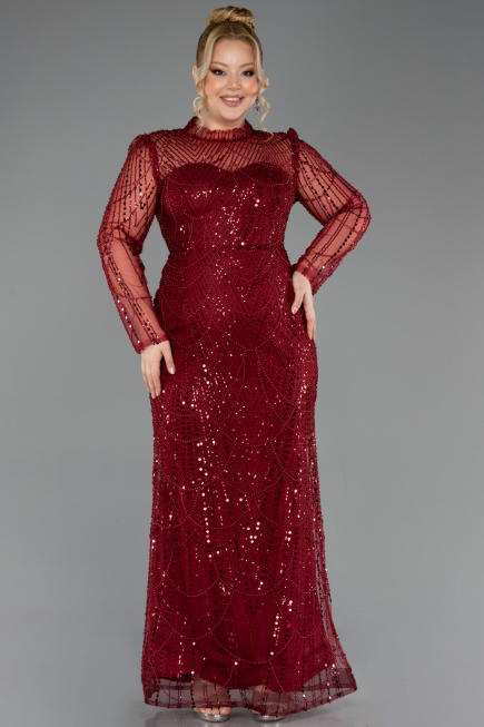 Robe De Soirée Grande Taille Longue Perlé Rouge Bordeaux ABU5643