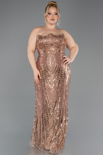 Robe De Soirée Grande Taille Longue Squameuse Cuivre ABU5830