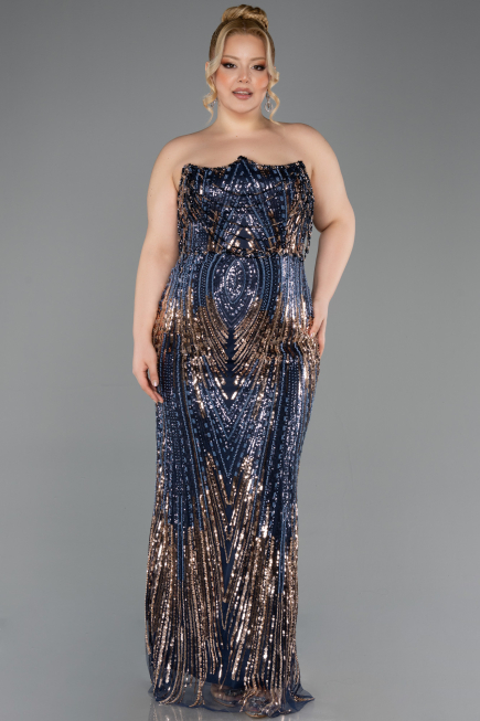 Robe De Soirée Grande Taille Longue Squameuse Bleu Marine ABU5830