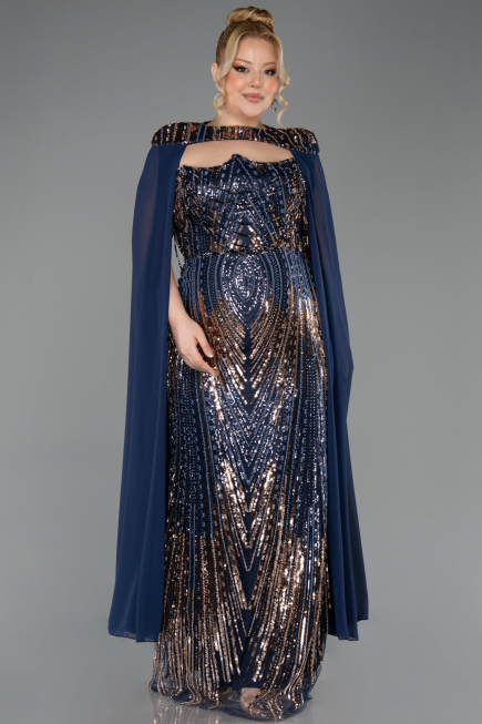 Robe De Soirée Grande Taille Longue Squameuse Bleu Marine ABU5830