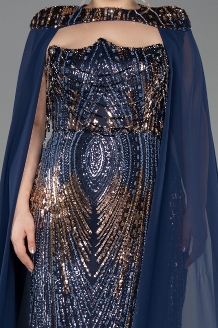 Robe De Soirée Grande Taille Longue Squameuse Bleu Marine ABU5830