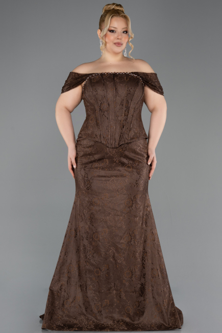 Robe de Soirée Grande Taille Longue Dantelle Brun ABU5824