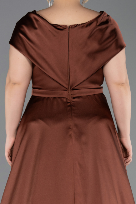 Robe De Soirée Grande Taille Longue Satin Marron Clair ABU5835