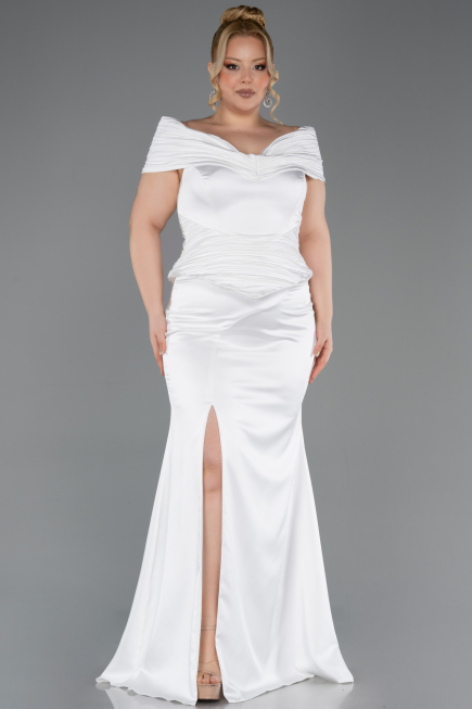 Robe de Soirée Grande Taille Longue Satin Blanc ABU5878