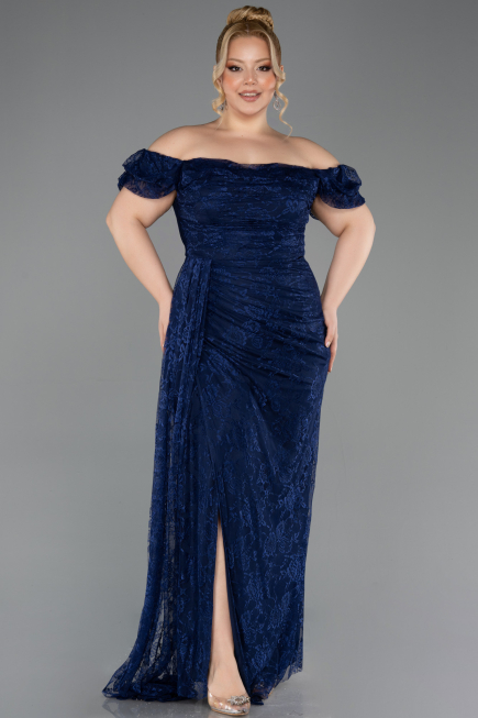 Robe de Soirée Grande Taille Longue Dantelle Bleu Marine ABU5729