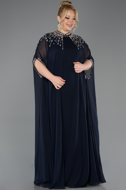 Robe De Soirée Grande Taille Longue Mousseline Bleu Marine ABU5845