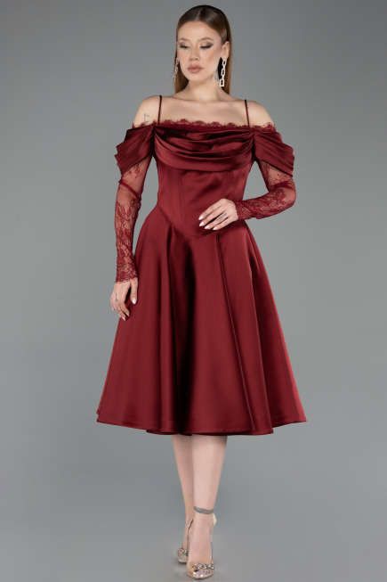 Robe de Cérémonie Midi Satin Rouge Bordeaux ABK2552