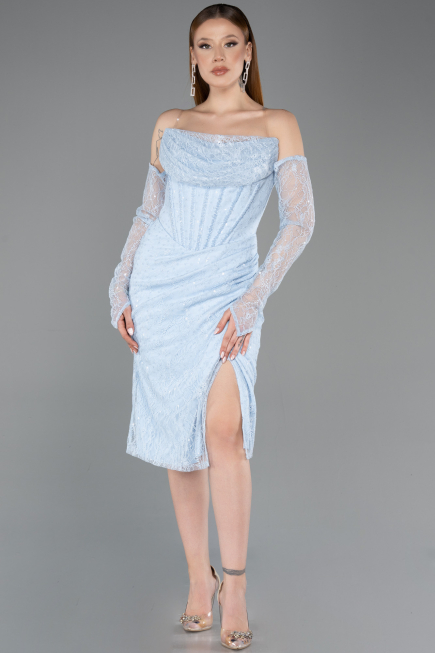 Robe de Cérémonie Midi Dantelle Bleu clair ABK2558