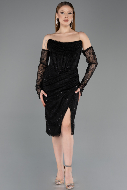 Robe de Cérémonie Midi Dantelle Noir ABK2558