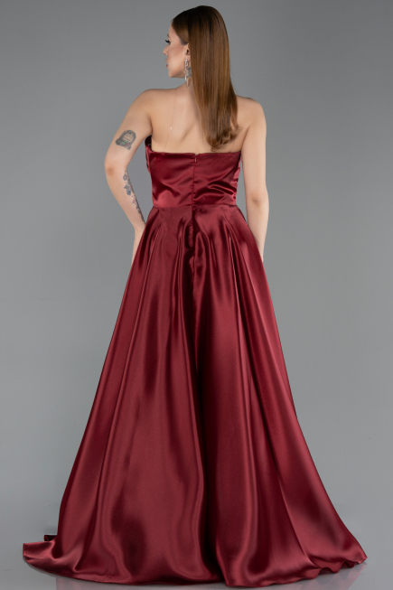 Robe De Soirée Satin Longue Rouge Bordeaux ABU4561