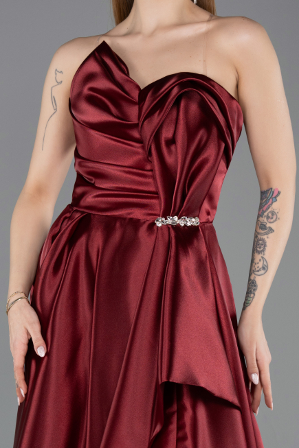 Robe De Soirée Satin Longue Rouge Bordeaux ABU4561