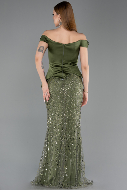 Robe De Soirée Perlé Longue Kaki ABU5616