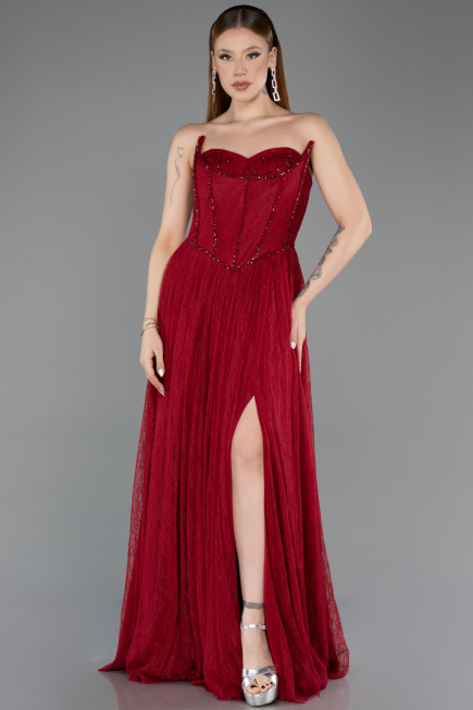 Robe de Soirée Longue Dantelle Rouge Bordeaux ABU5887