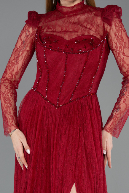 Robe de Soirée Longue Dantelle Rouge Bordeaux ABU5887