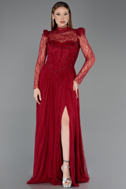 Robe de Soirée Longue Dantelle Rouge Bordeaux ABU5887