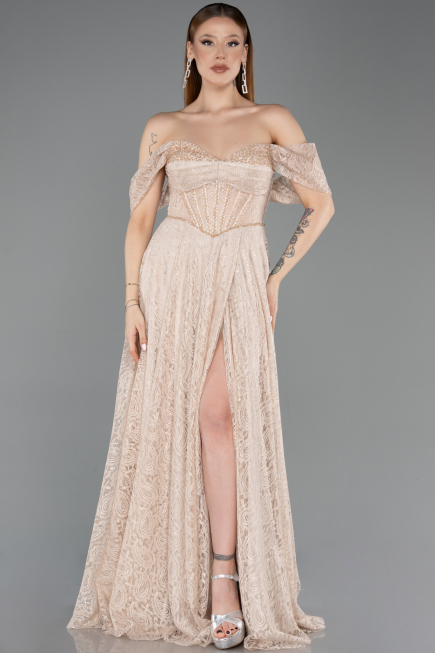 Robe de Soirée Longue Dantelle Beige ABU5867
