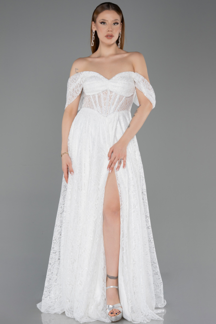 Robe de Soirée Longue Dantelle Blanc ABU5867