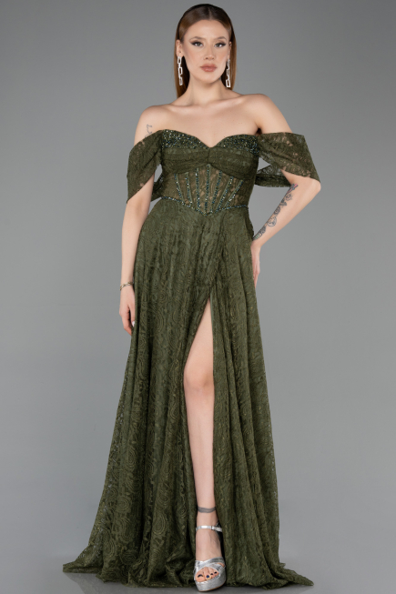 Robe de Soirée Longue Dantelle Kaki ABU5867