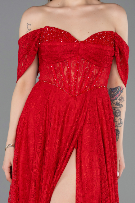 Robe de Soirée Longue Dantelle Rouge ABU5867