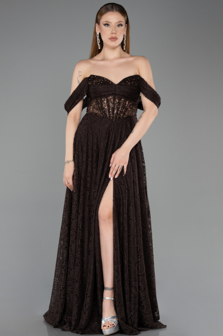 Robe de Soirée Longue Dantelle Brun foncé ABU5867