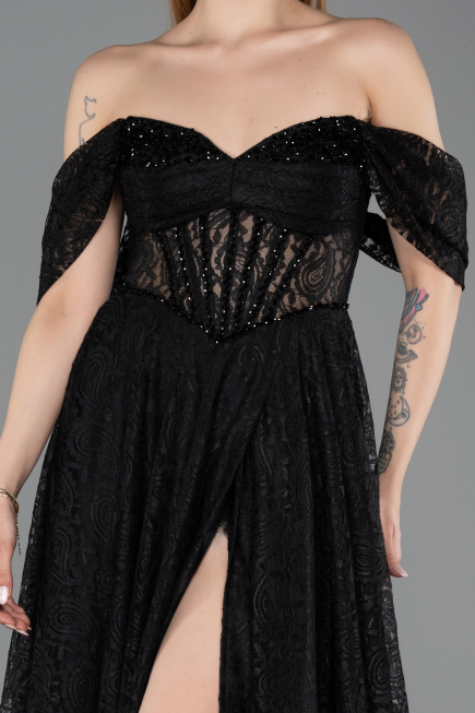 Robe de Soirée Longue Dantelle Noir ABU5867