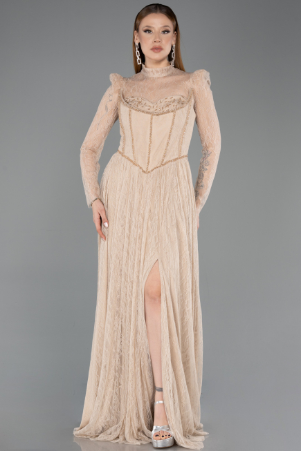 Robe de Soirée Longue Dantelle Beige ABU5887