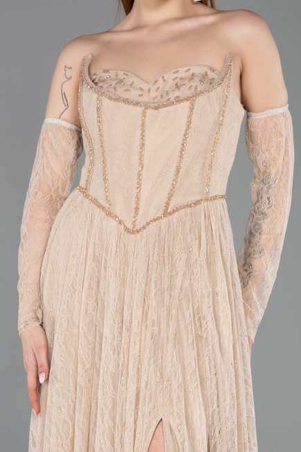 Robe de Soirée Longue Dantelle Beige ABU5887