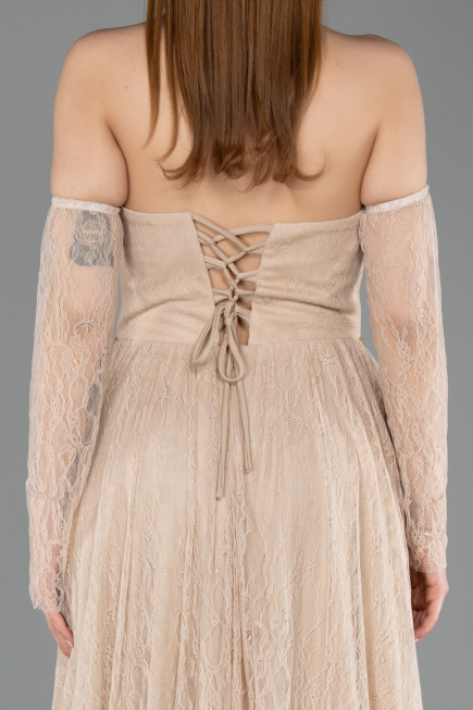 Robe de Soirée Longue Dantelle Beige ABU5887