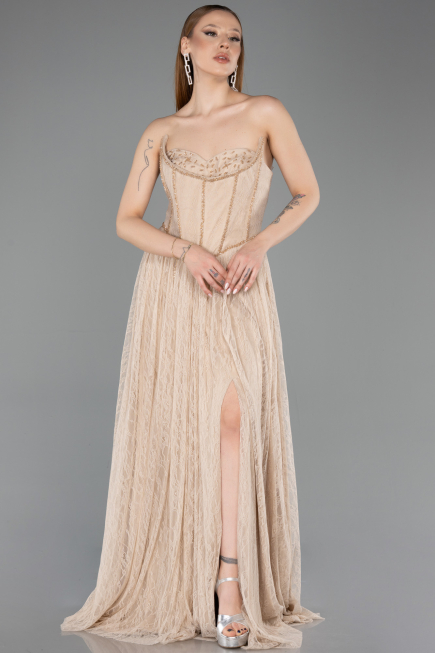 Robe de Soirée Longue Dantelle Beige ABU5887