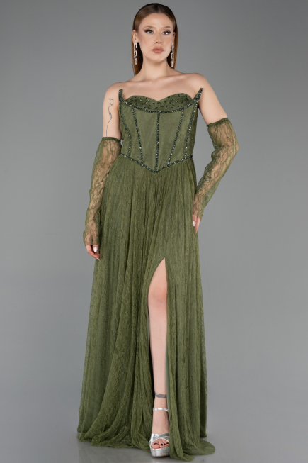 Robe de Soirée Longue Dantelle Kaki ABU5887