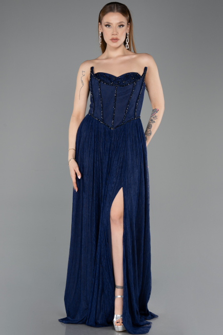 Robe de Soirée Longue Dantelle Bleu Marine ABU5887