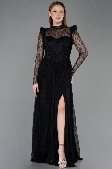 Robe de Soirée Longue Dantelle Noir ABU5887