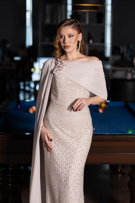 Robe de Soirée Longue Perlé Beige ABU5816