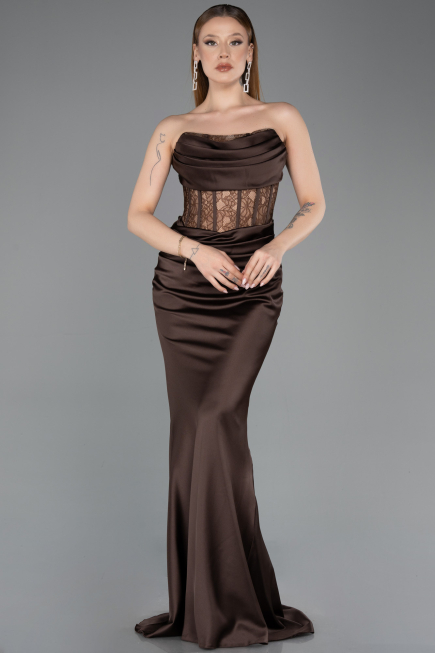 Robe Queue de Poisson Longue Satin Brun ABU5888