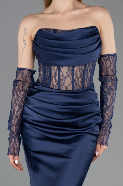 Robe Queue de Poisson Longue Satin Bleu Marine ABU5888
