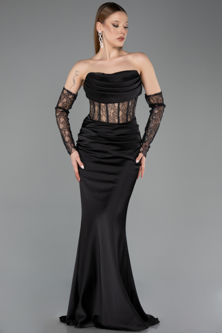 Robe Queue de Poisson Longue Satin Noir ABU5888