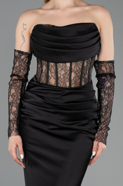 Robe Queue de Poisson Longue Satin Noir ABU5888