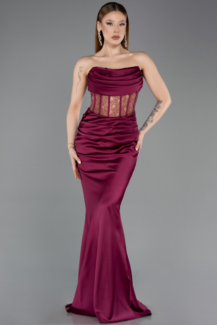 Robe Queue de Poisson Longue Satin Couleur Cerise ABU5888
