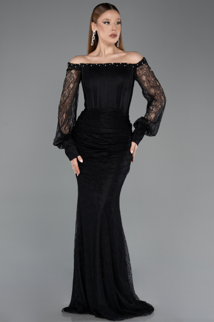 Robe Queue de Poisson Longue Dantelle Noir ABU5890