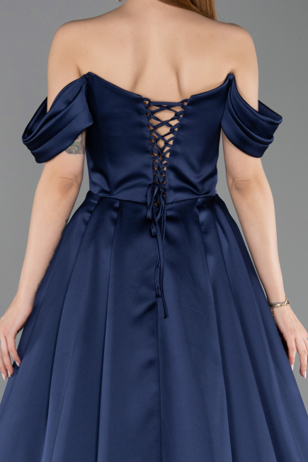 Tenue de Soirée Longue Satin Bleu Marine ABU5891