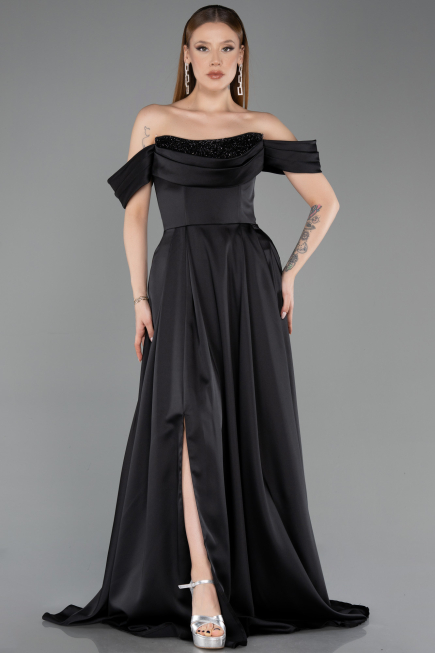 Tenue de Soirée Longue Satin Noir ABU5891