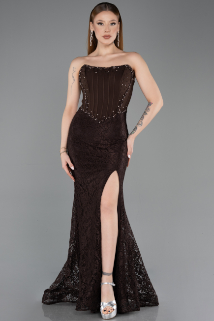 Robe de Soirée Longue Dantelle Brun ABU5892