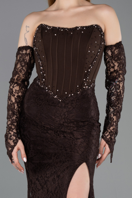 Robe de Soirée Longue Dantelle Brun ABU5892