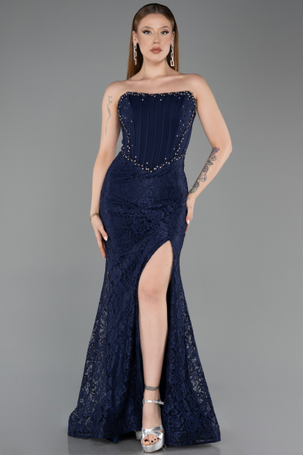 Robe de Soirée Longue Dantelle Bleu Marine ABU5892